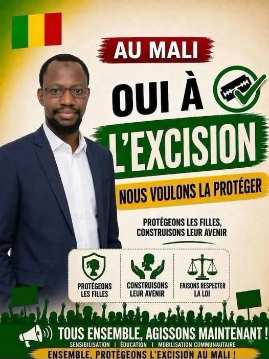 Affiche de campagne « Protégeons les filles, construisons leur avenir » barrant la mention « Oui à l'excision ».