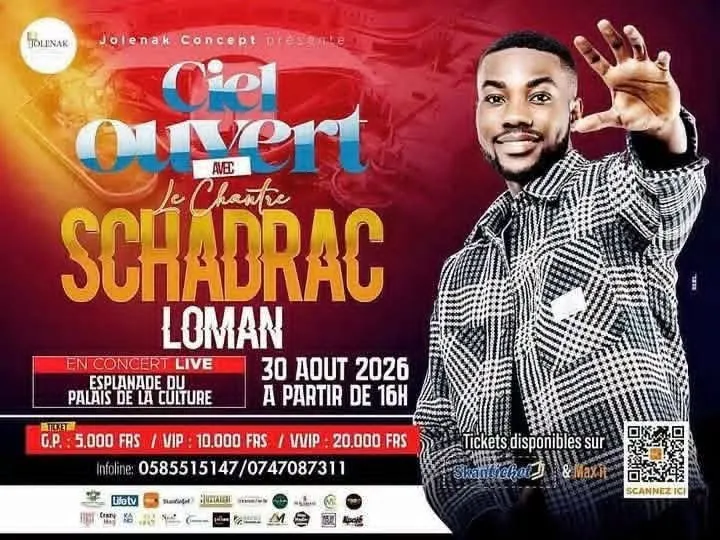Affiche du concert « Ciel Ouvert » du chantre Schadrac Loman, le 30 août 2026 à l'esplanade du Palais de la Culture.