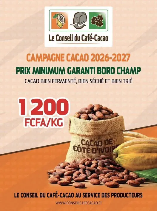 Affiche du Conseil du Café-Cacao annonçant un prix minimum garanti bord champ de 1 200 FCFA par kilo pour la campagne cacao 2026-2027.
