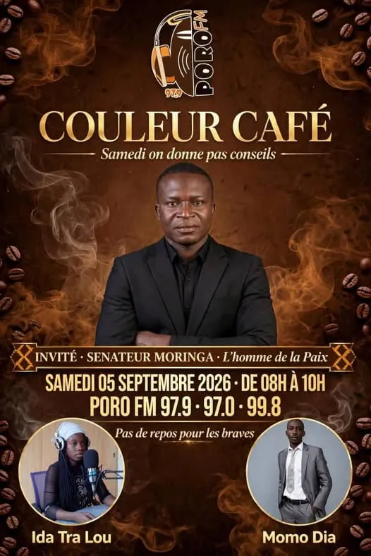 Affiche de l'émission Couleur Café sur Poro FM avec le sénateur Moringa en invité, samedi 5 septembre 2026.