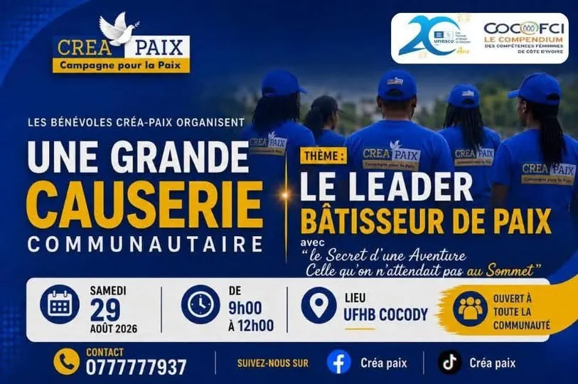 Affiche de la grande causerie communautaire de Créa-Paix du 29 août 2026 à l'UFHB de Cocody.
