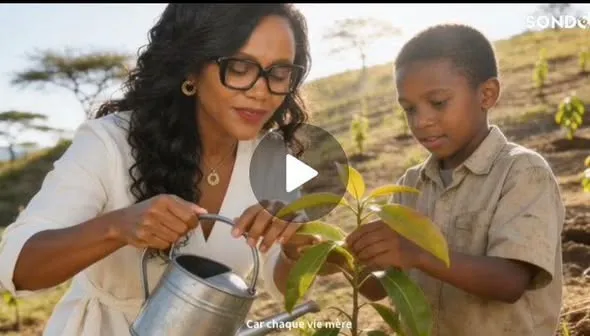 Un enfant arrose un jeune plant avec un arrosoir, accompagné par une adulte.