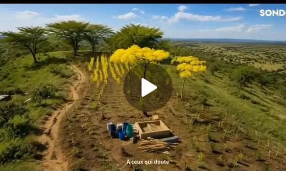 Paysage de savane arborée avec une piste et un véhicule au loin.