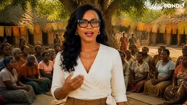 Image du film de la Fondation Mango's Come : la présidente-fondatrice devant une assemblée villageoise.