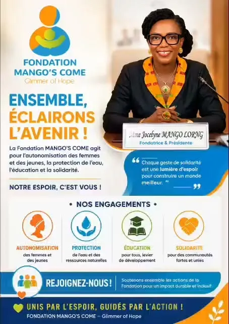 Affiche de la Fondation Mango's Come « Ensemble, éclairons l'avenir » présentant ses quatre engagements.
