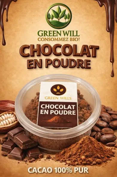 Pot de chocolat en poudre Green Will, mention « cacao 100 % pur ».