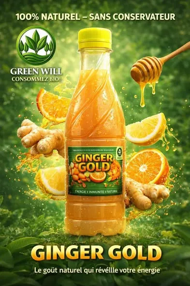 Bouteille de Ginger Gold, boisson naturelle sans conservateur au gingembre et à l'orange.