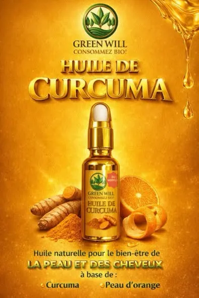 Flacon d'huile de curcuma Green Will pour la peau et les cheveux.