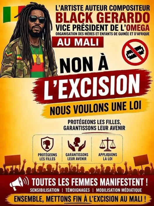 Affiche portant le portrait de l'artiste Black Gerardo, vice-président de l'OMEGA, appelant à une loi contre l'excision.