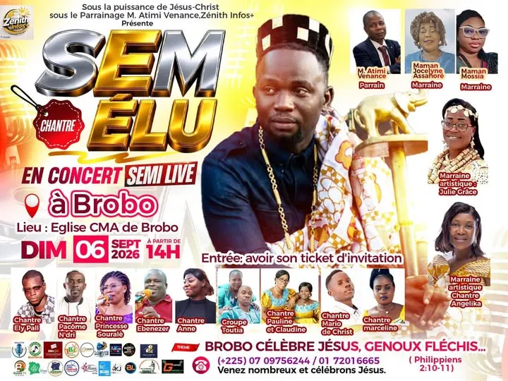 Affiche du concert live de Sem Élu à l'église CMA de Brobo, dimanche 6 septembre 2026 à 14h.